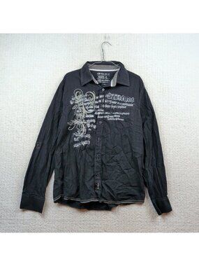 Y2K Black Button Up Long sleeve Shirt Goth Punk Grunge Graphic AOP Mens Sz L**